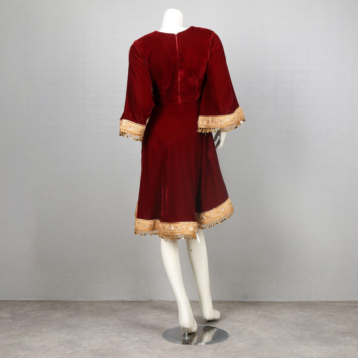 Burgundy Velvet Dress with Golden Embroidery and Tassel Trim
