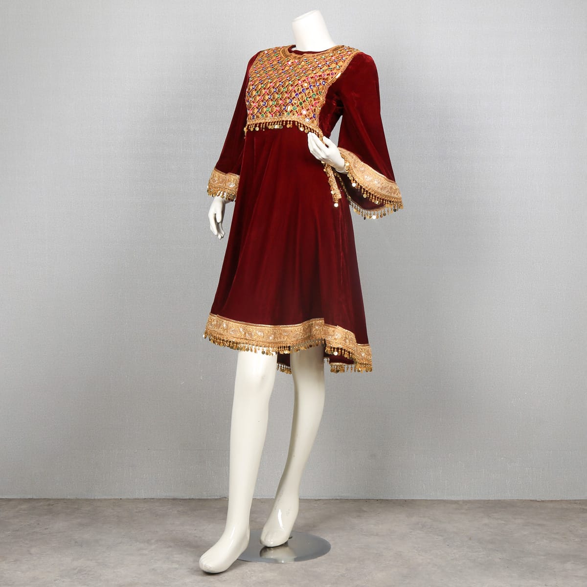 Burgundy Velvet Dress with Golden Embroidery and Tassel Trim