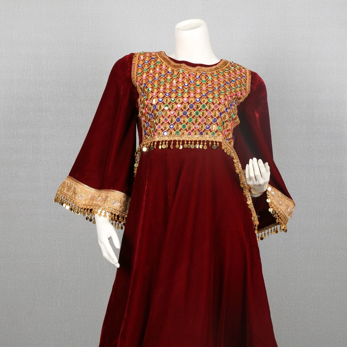 Burgundy Velvet Dress with Golden Embroidery and Tassel Trim