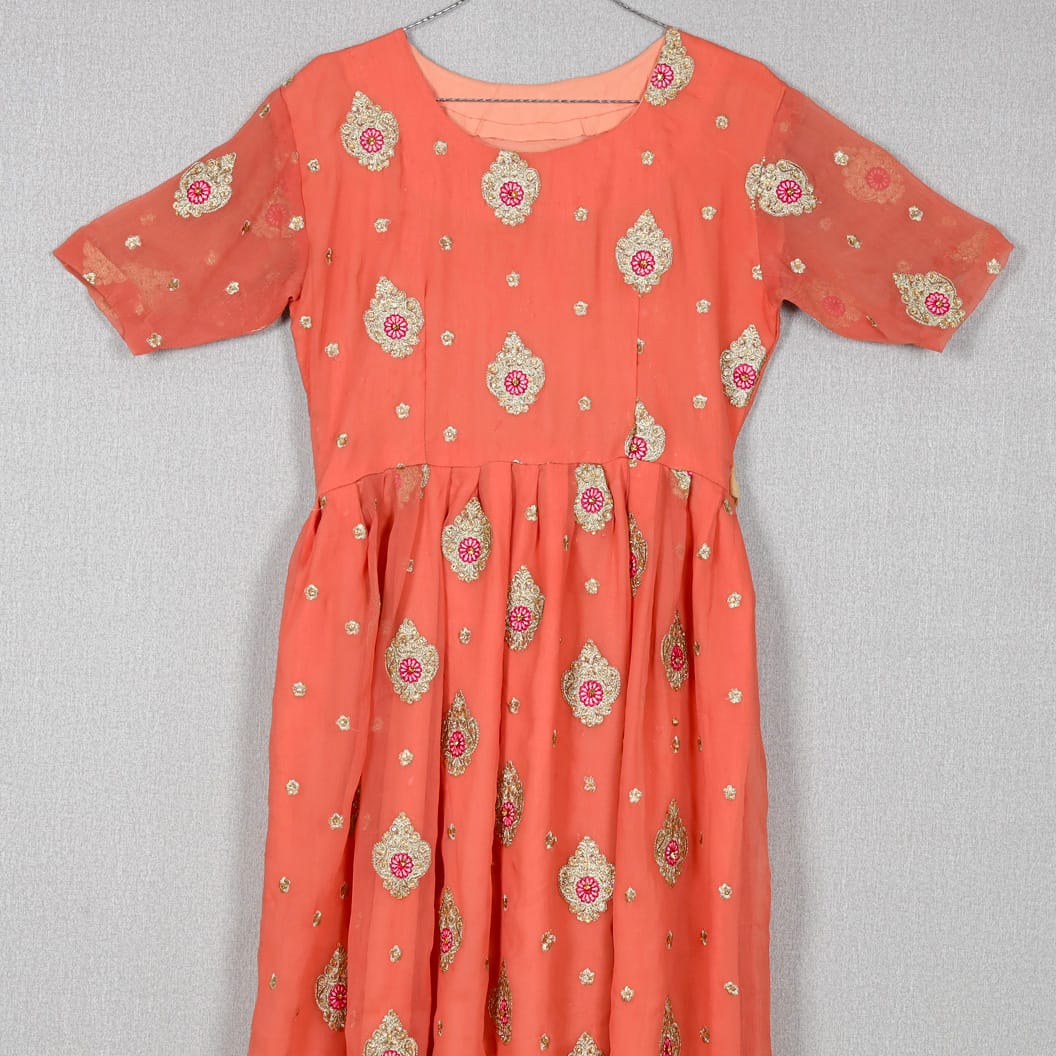 Coral Embroidered Floral Dress with Short Sleeves
