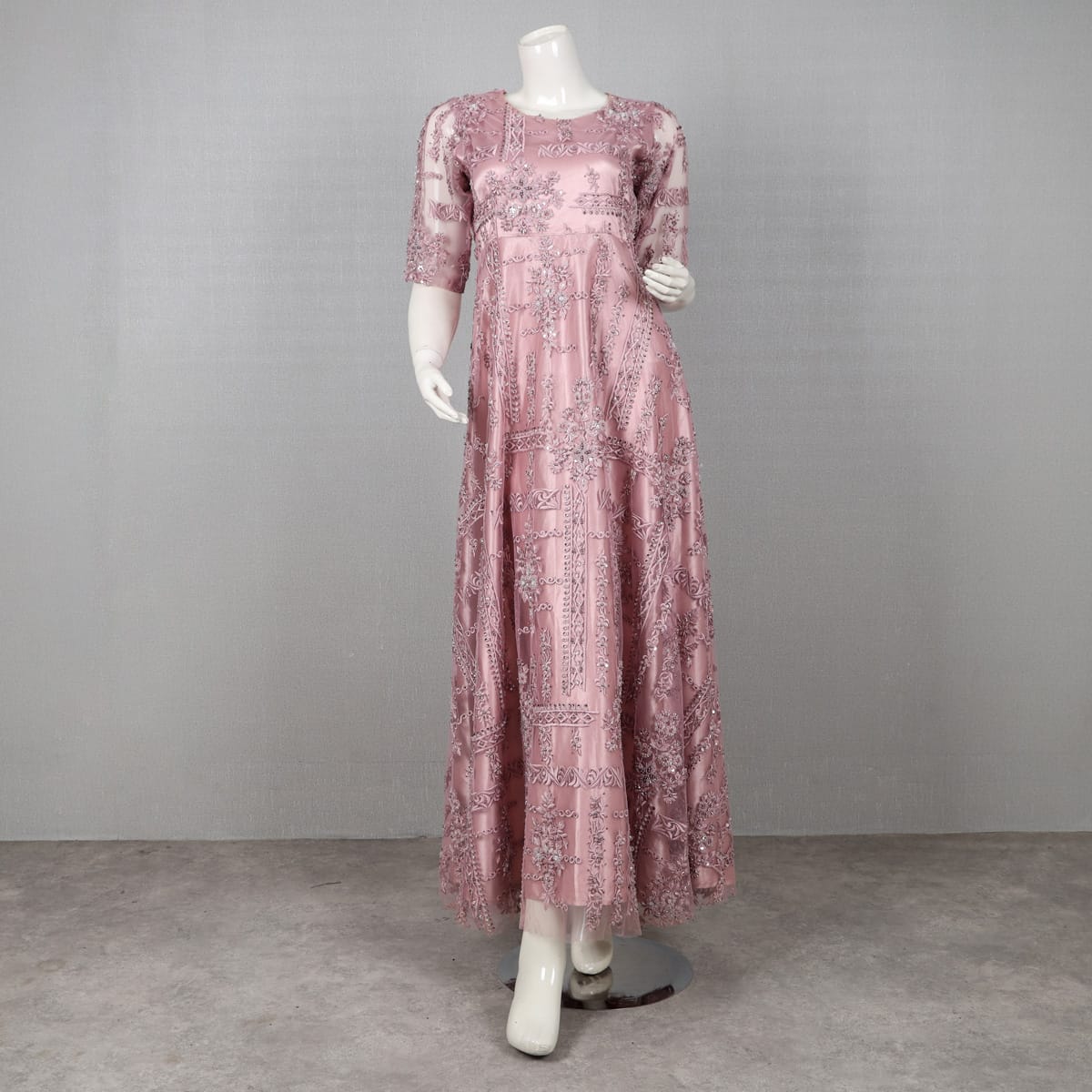 Pink Embroidered Sequin Dress with Sheer Sleeves
