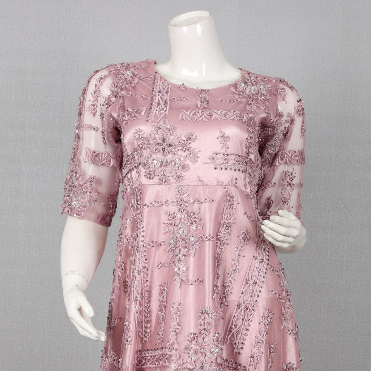 Pink Embroidered Sequin Dress with Sheer Sleeves