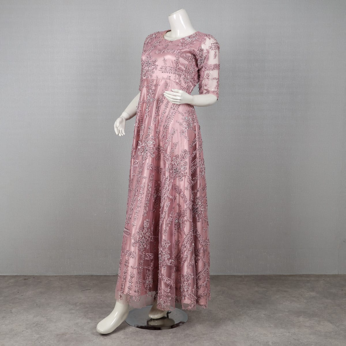 Pink Embroidered Sequin Dress with Sheer Sleeves
