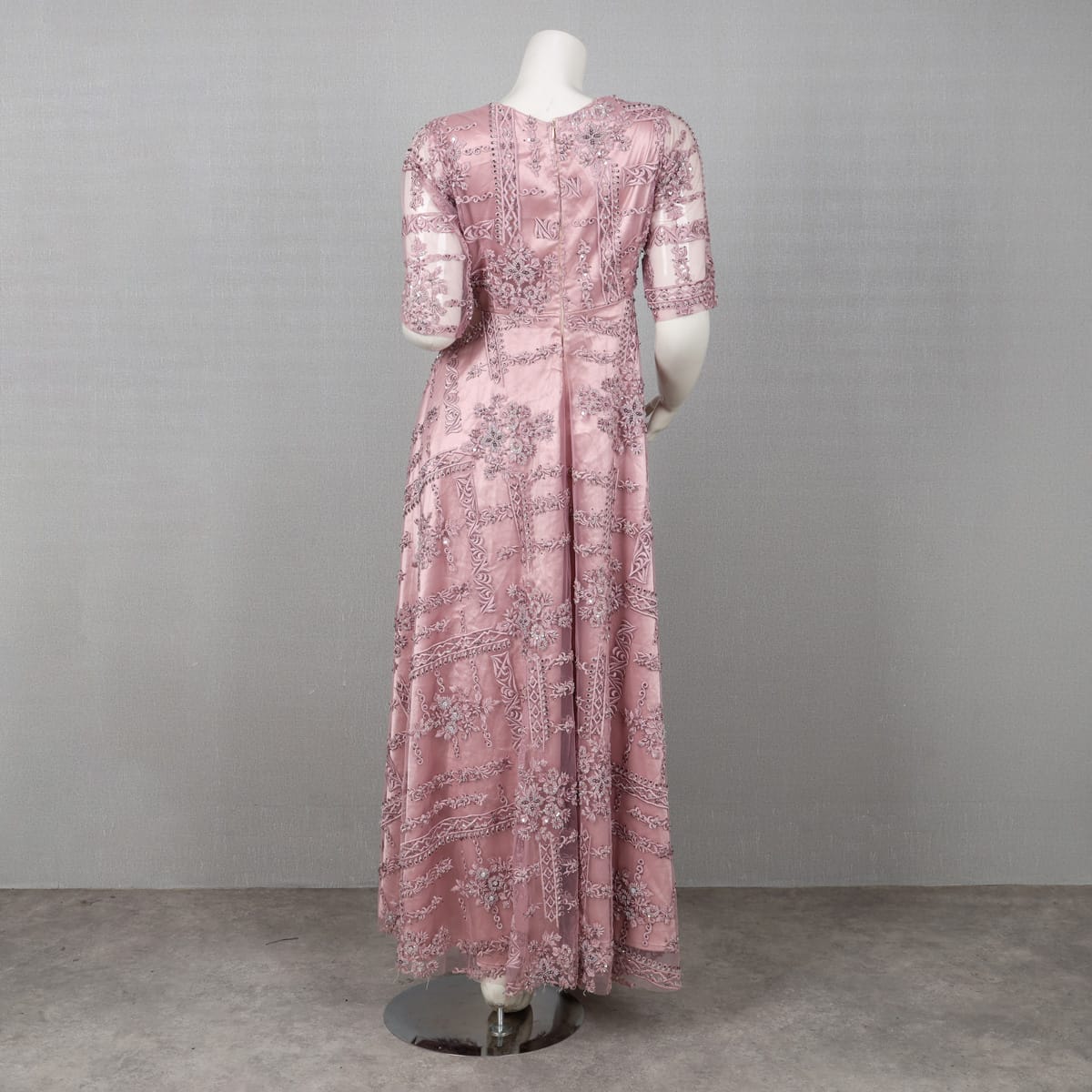 Pink Embroidered Sequin Dress with Sheer Sleeves