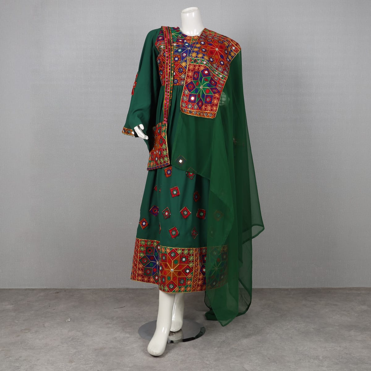 Green Embroidered Traditional Dress with Chiffon Dupatta