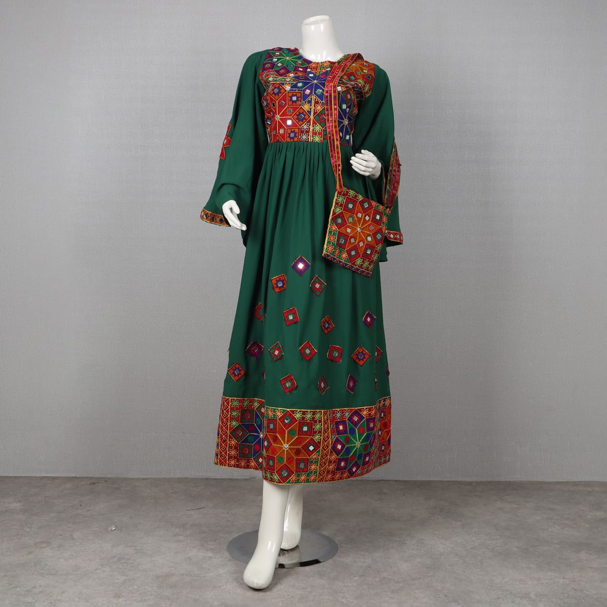 Green Embroidered Traditional Dress with Chiffon Dupatta