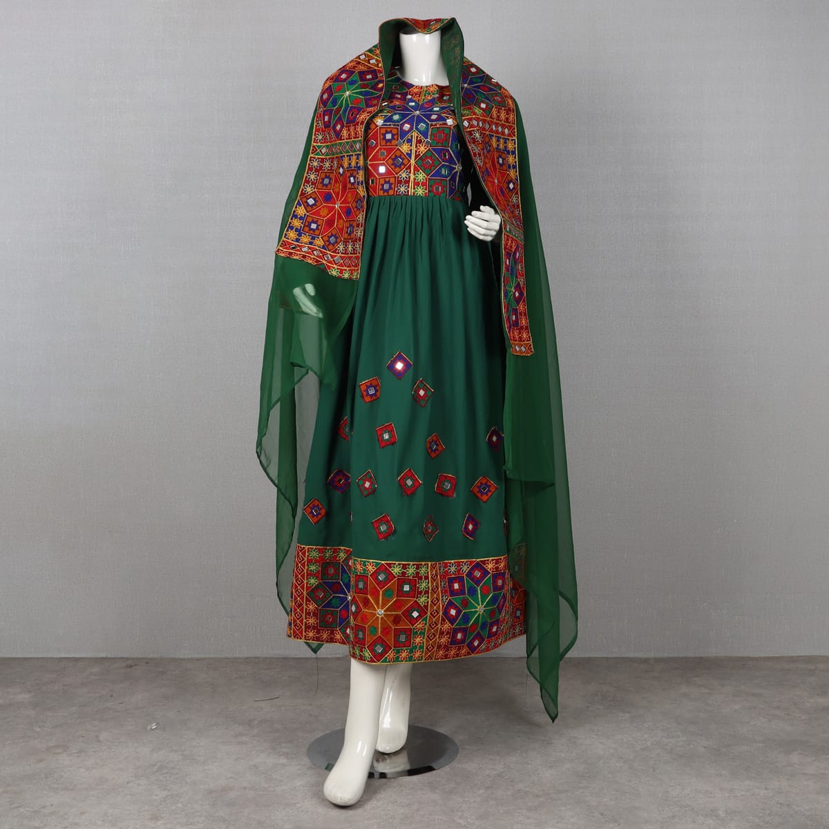 Green Embroidered Traditional Dress with Chiffon Dupatta