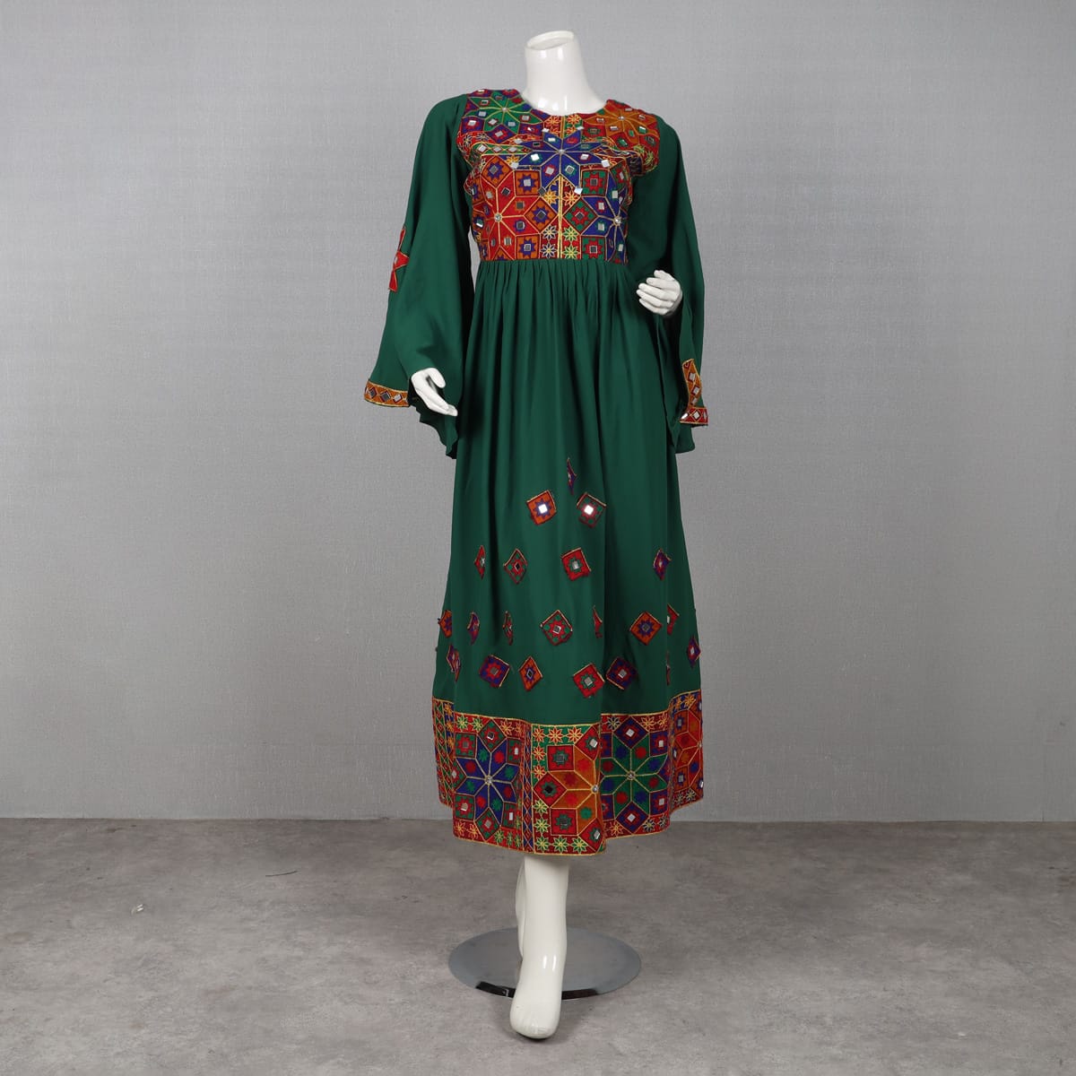 Green Embroidered Traditional Dress with Chiffon Dupatta