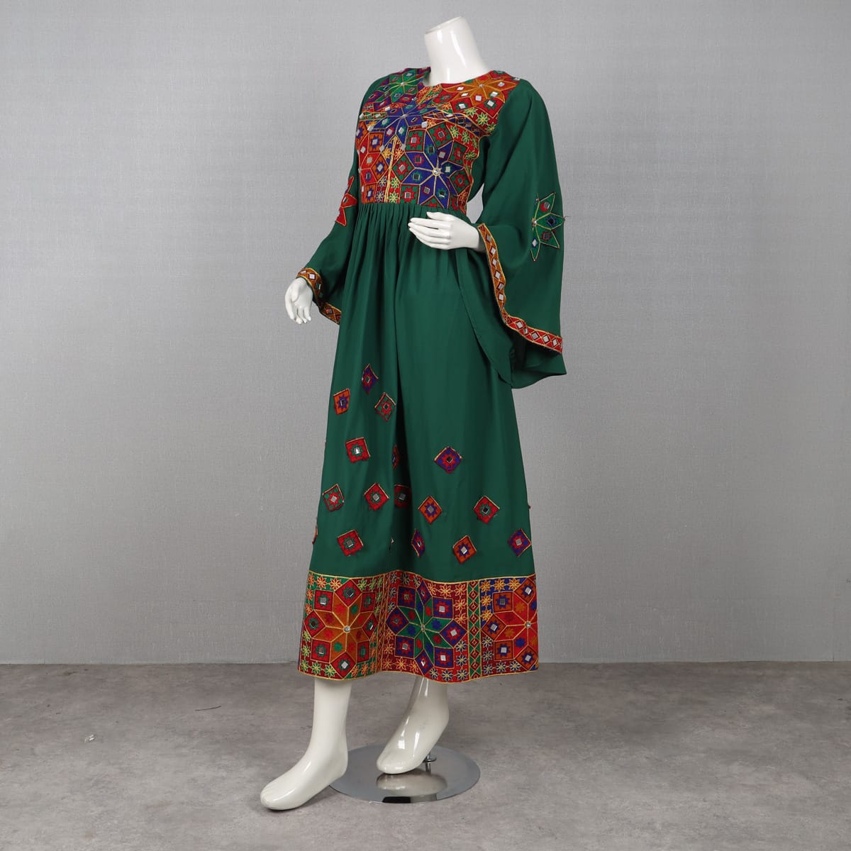 Green Embroidered Traditional Dress with Chiffon Dupatta