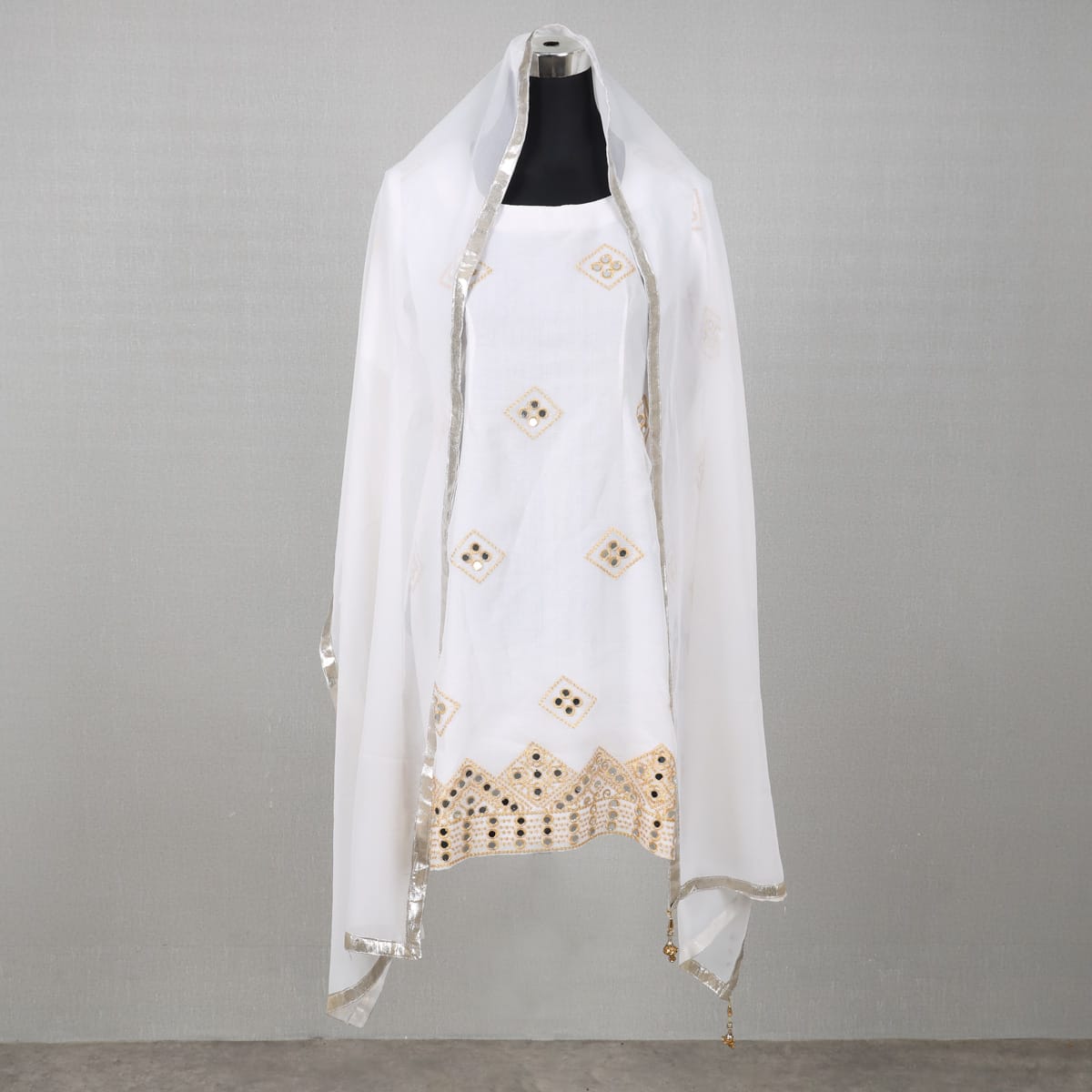 White Mirror Work Embroidered Salwar Kameez Set with Dupatta