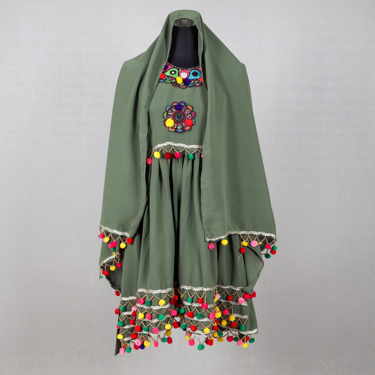 Green Afghan Traditional Dress with Colorful Pom-Pom 