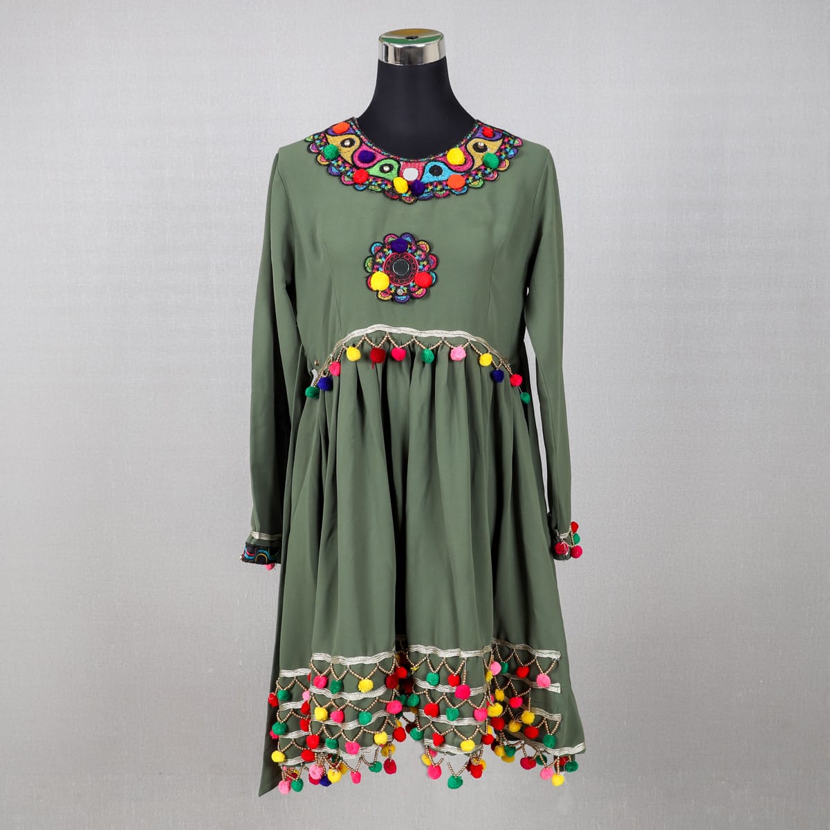 Green Afghan Traditional Dress with Colorful Pom-Pom 