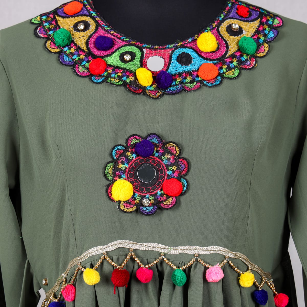 Green Afghan Traditional Dress with Colorful Pom-Pom 