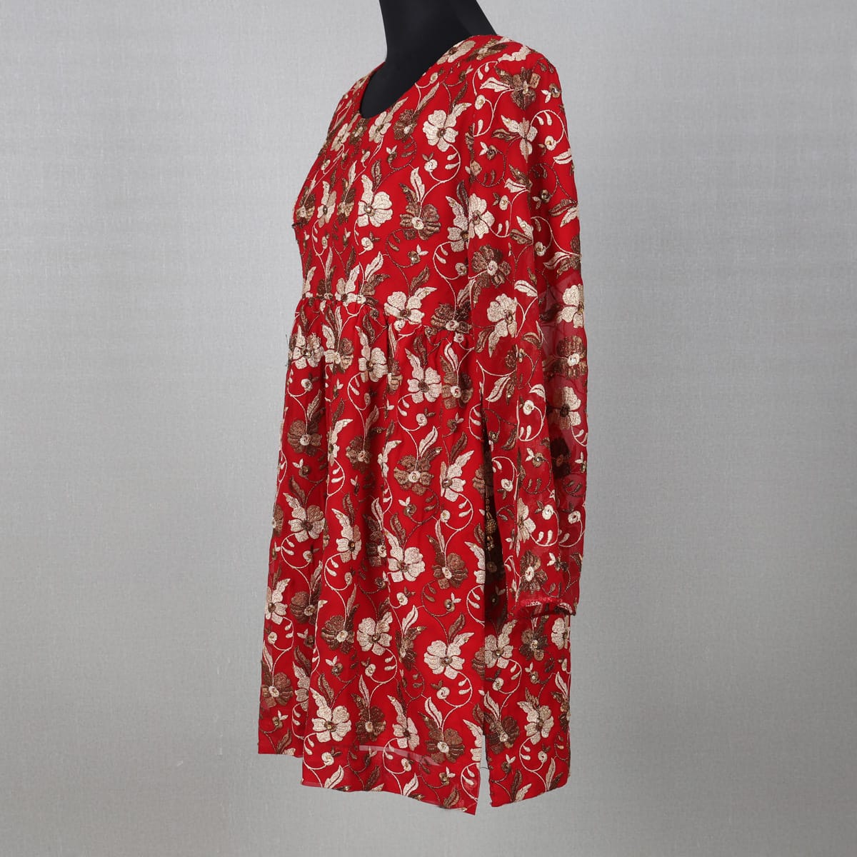 Red Floral Embroidered Net Dress with Flared Sleeves