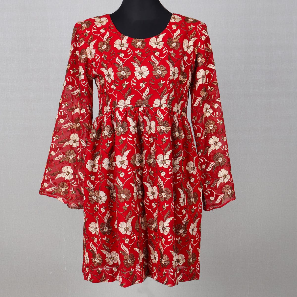 Red Floral Embroidered Net Dress with Flared Sleeves