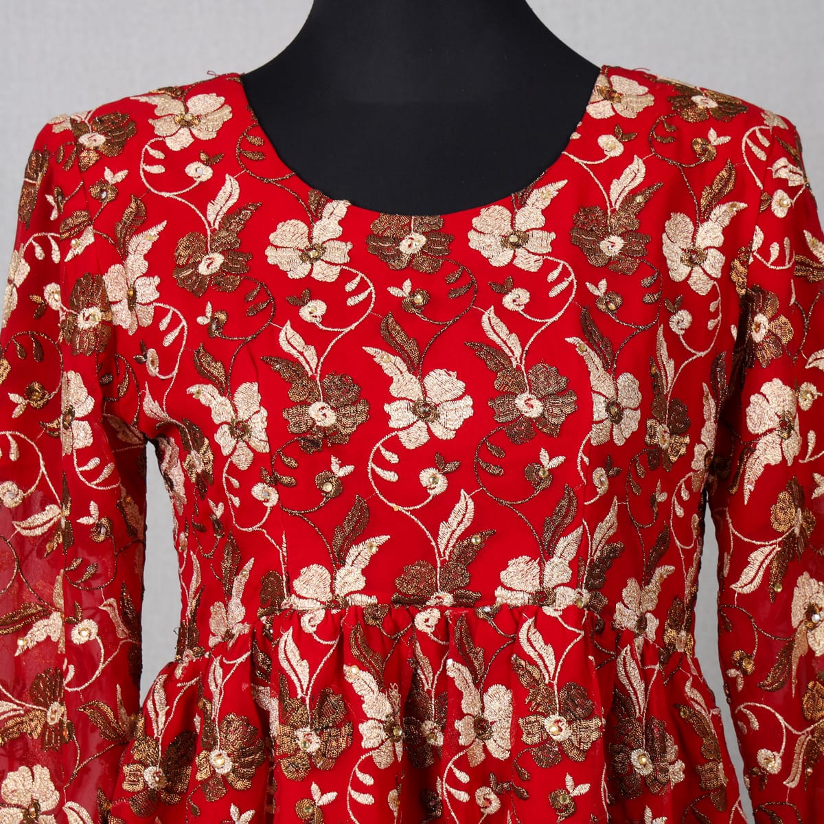 Red Floral Embroidered Net Dress with Flared Sleeves