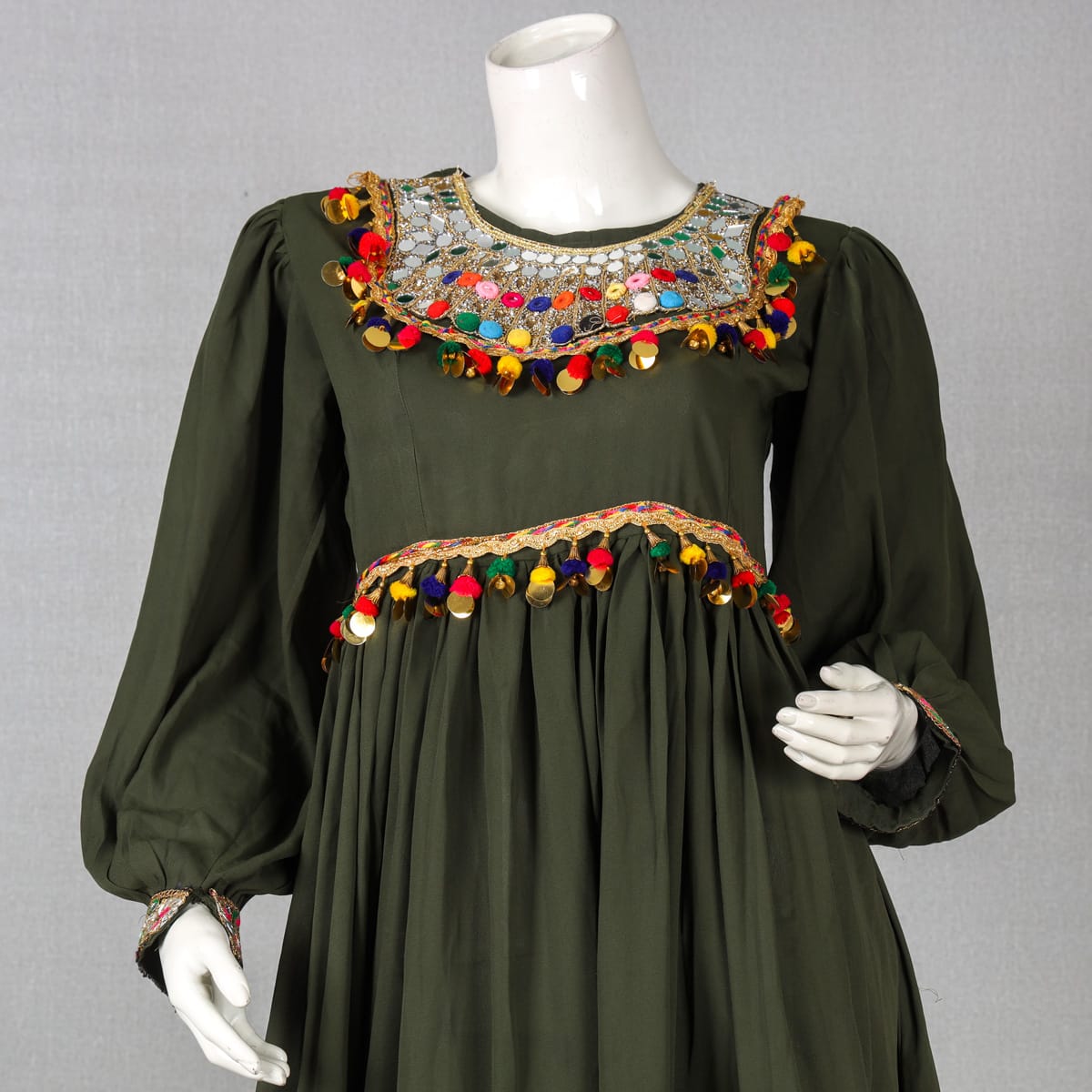 Traditional Afghan Dress - Olive Green with Mirror and Pom-Pom