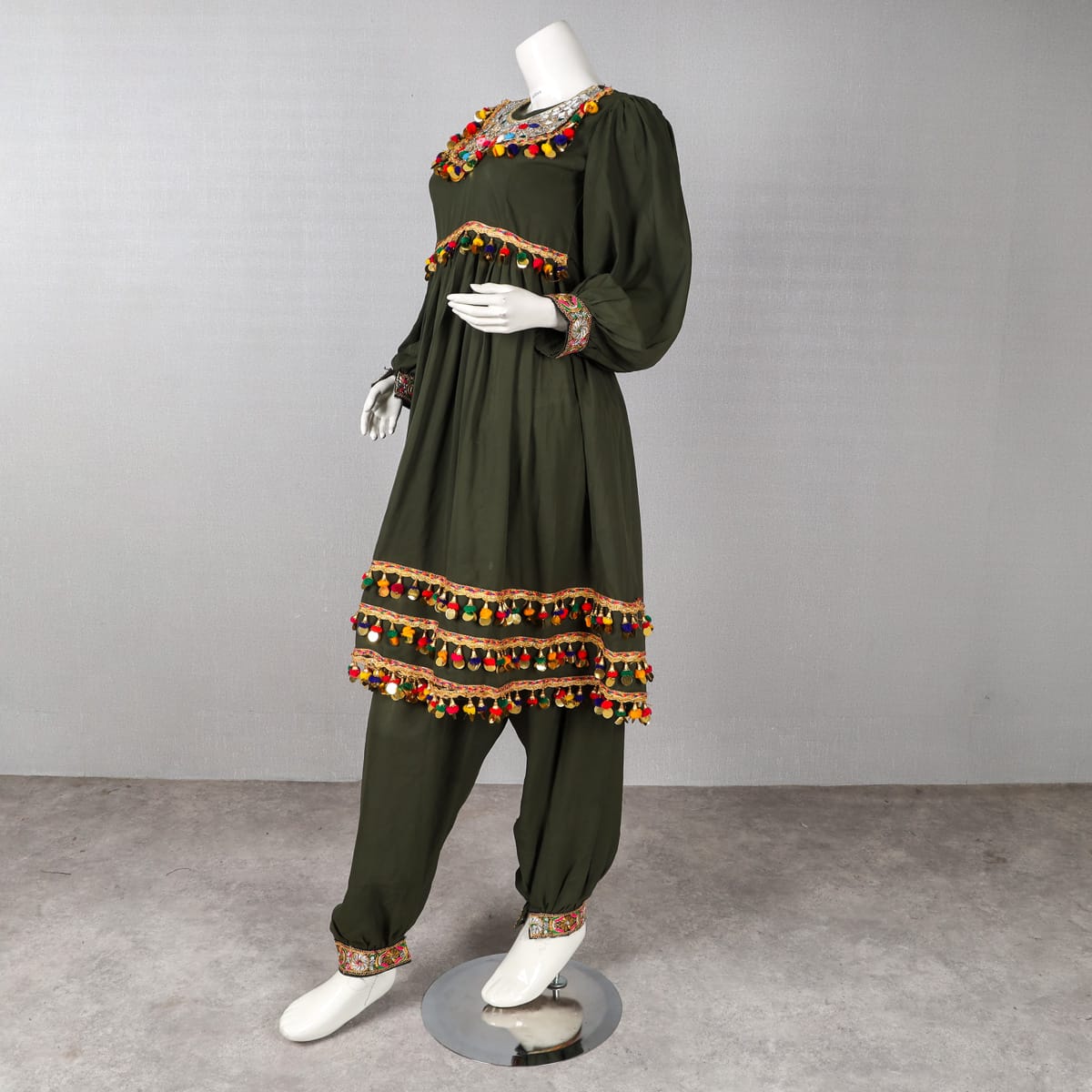 Traditional Afghan Dress - Olive Green with Mirror and Pom-Pom