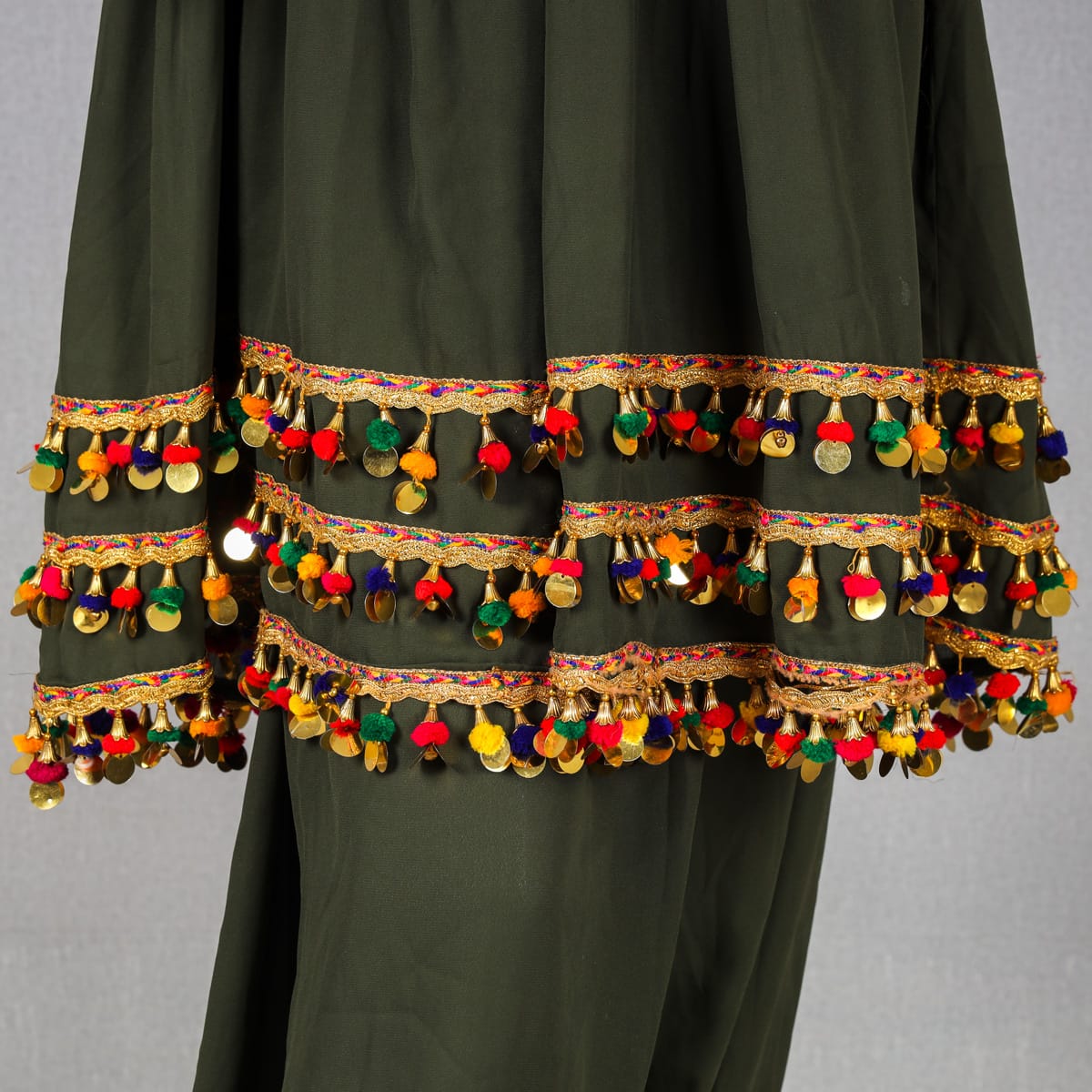 Traditional Afghan Dress - Olive Green with Mirror and Pom-Pom