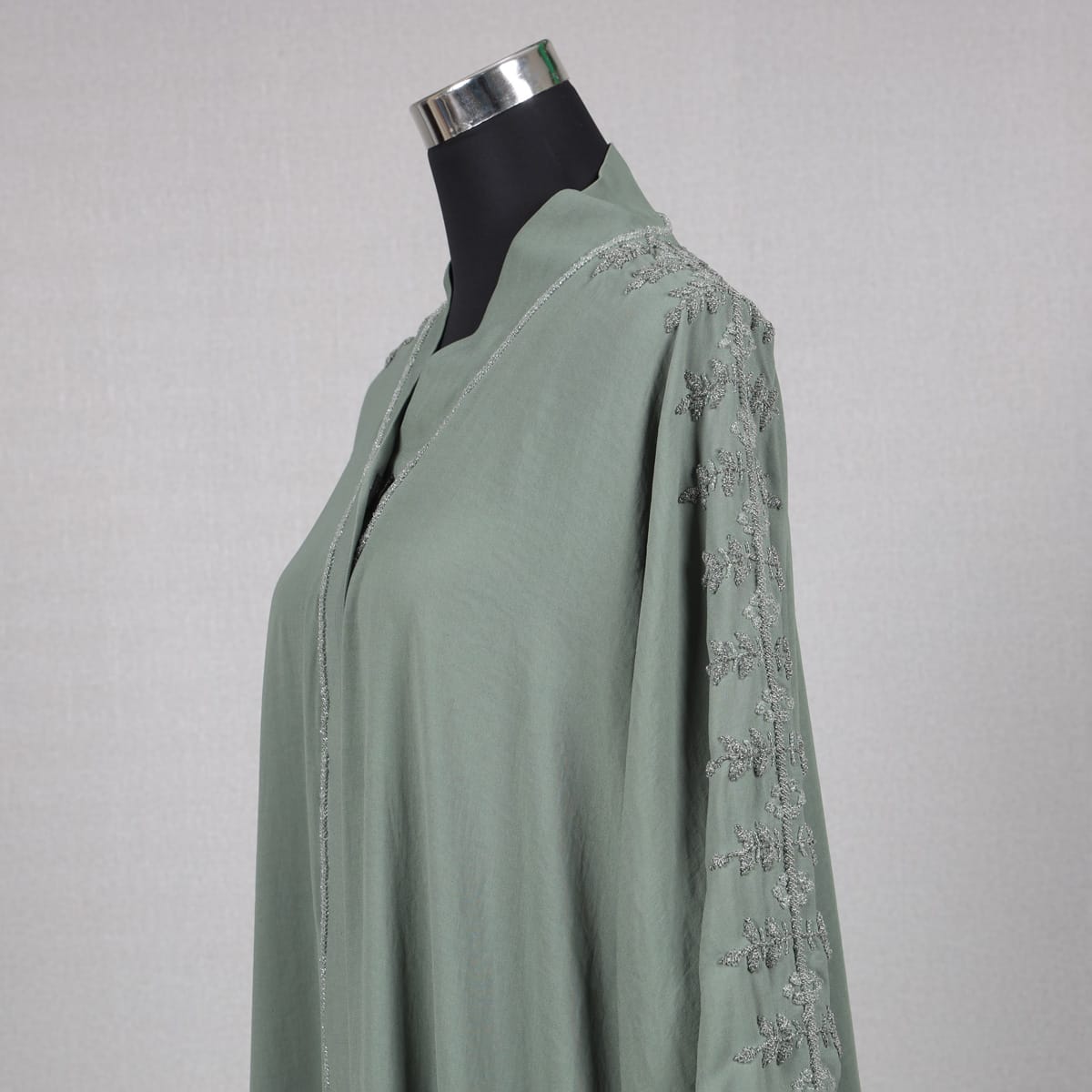 Elegant Sage Green Open Abaya with Subtle Embroidery