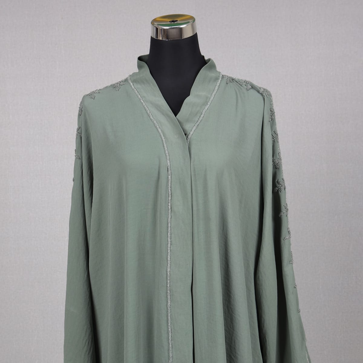 Elegant Sage Green Open Abaya with Subtle Embroidery