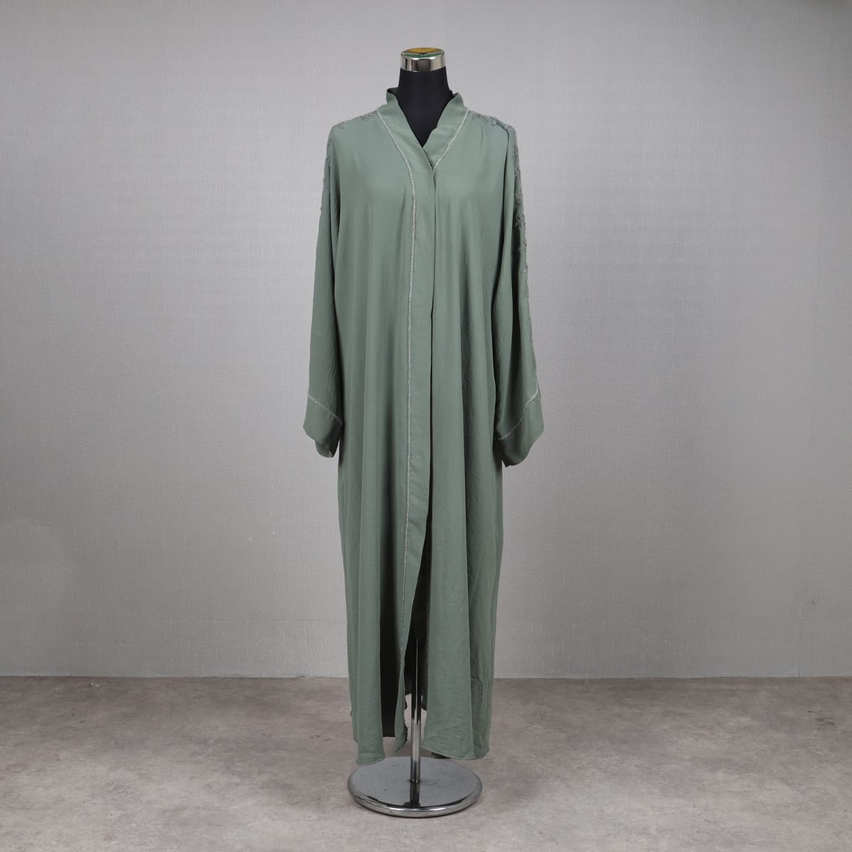 Elegant Sage Green Open Abaya with Subtle Embroidery