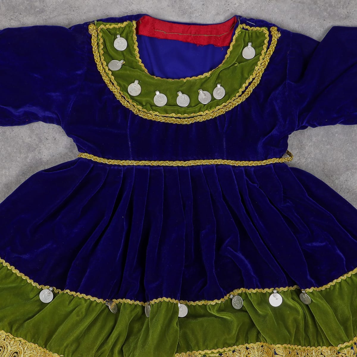 Traditional Afghan Velvet Dress for Girls – Blue & Green with Golden Embroidery