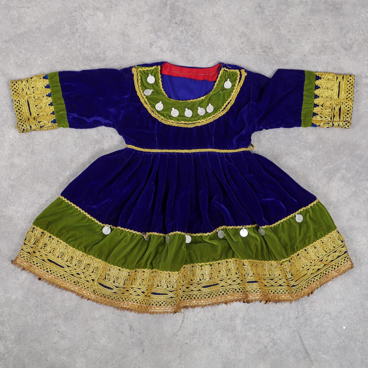 Traditional Afghan Velvet Dress for Girls – Blue & Green with Golden Embroidery