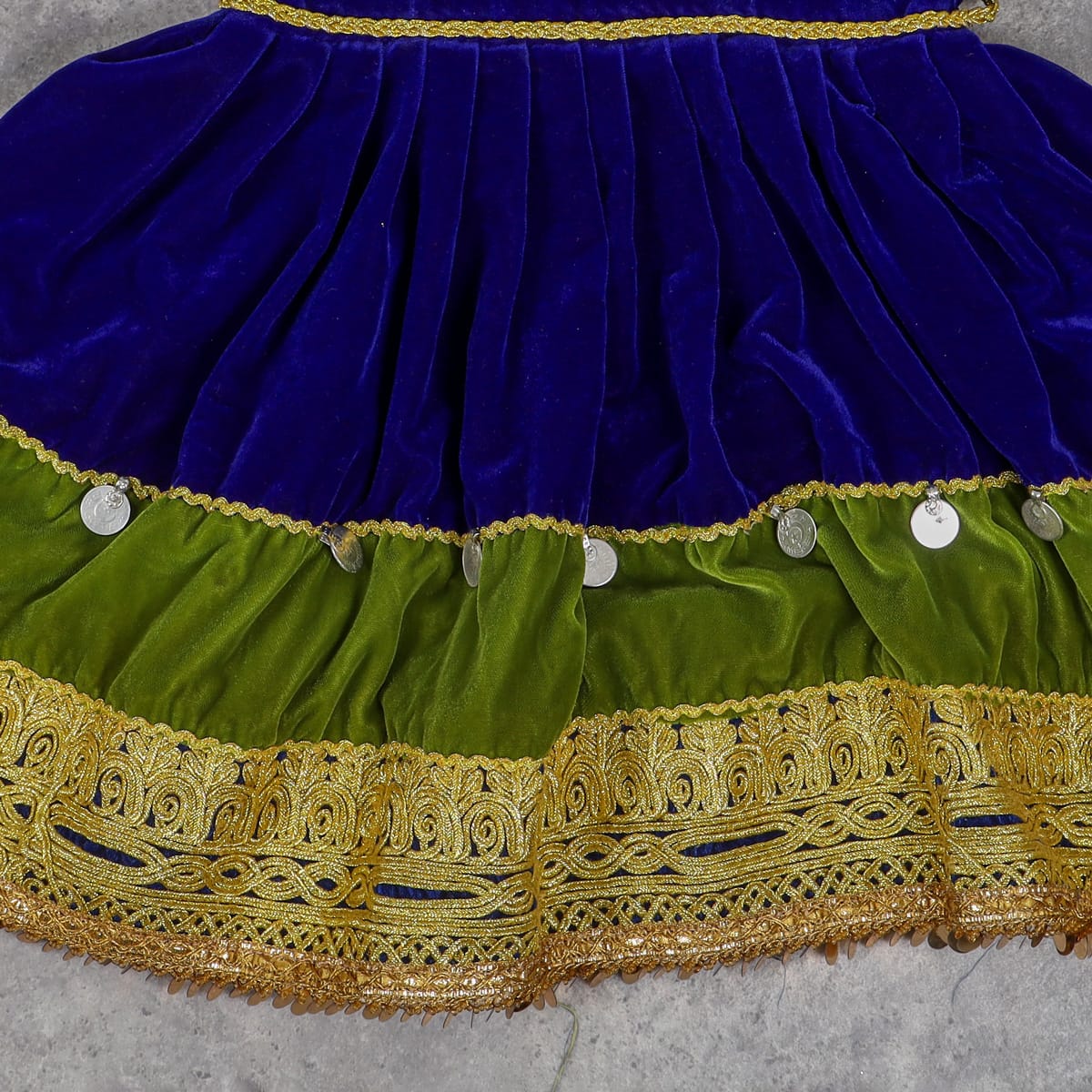 Traditional Afghan Velvet Dress for Girls – Blue & Green with Golden Embroidery