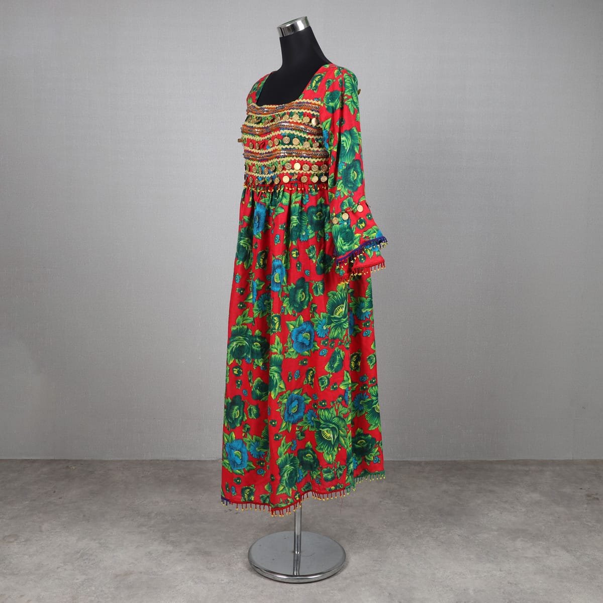 Afghan-Inspired Red Floral Dress with Embroidered Bodice