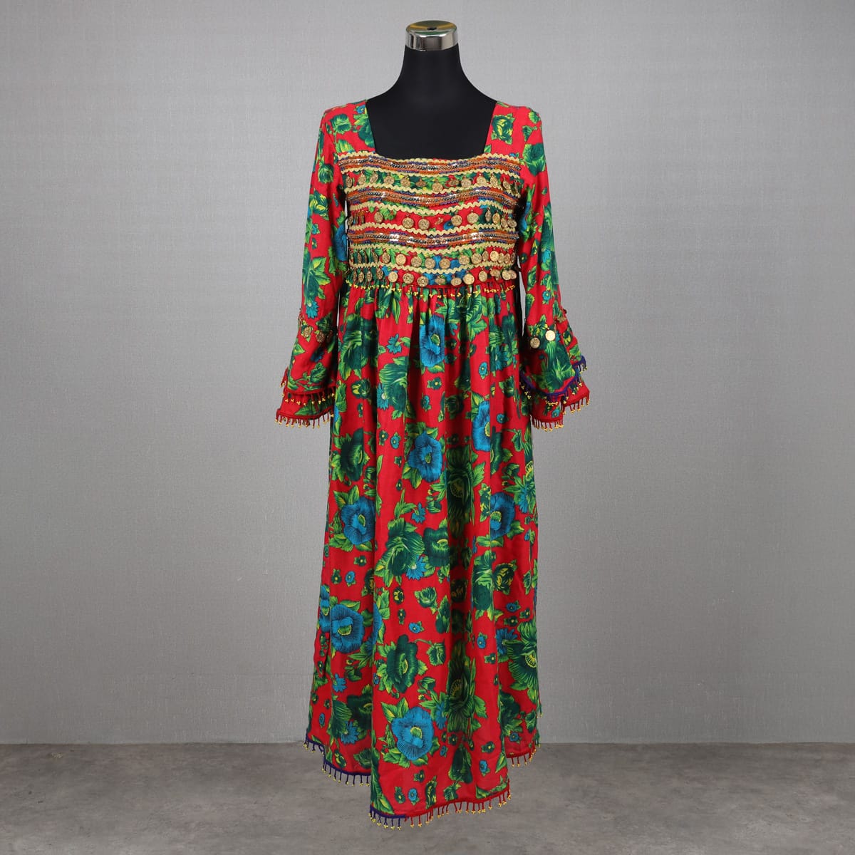 Afghan-Inspired Red Floral Dress with Embroidered Bodice