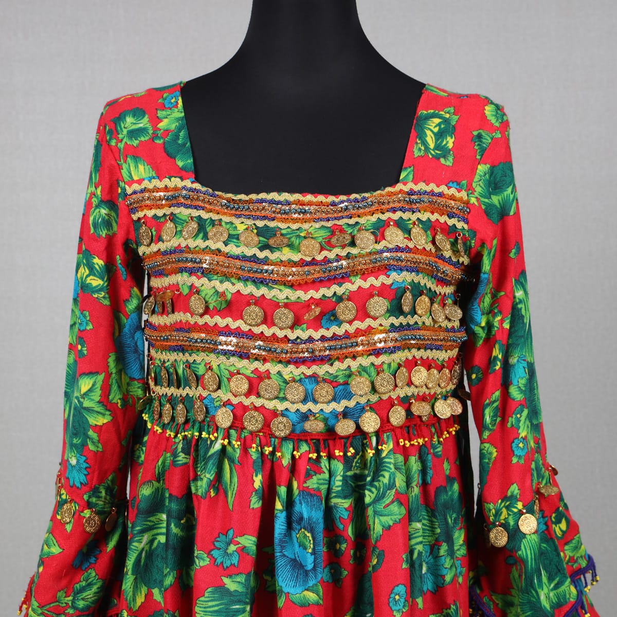 Afghan-Inspired Red Floral Dress with Embroidered Bodice