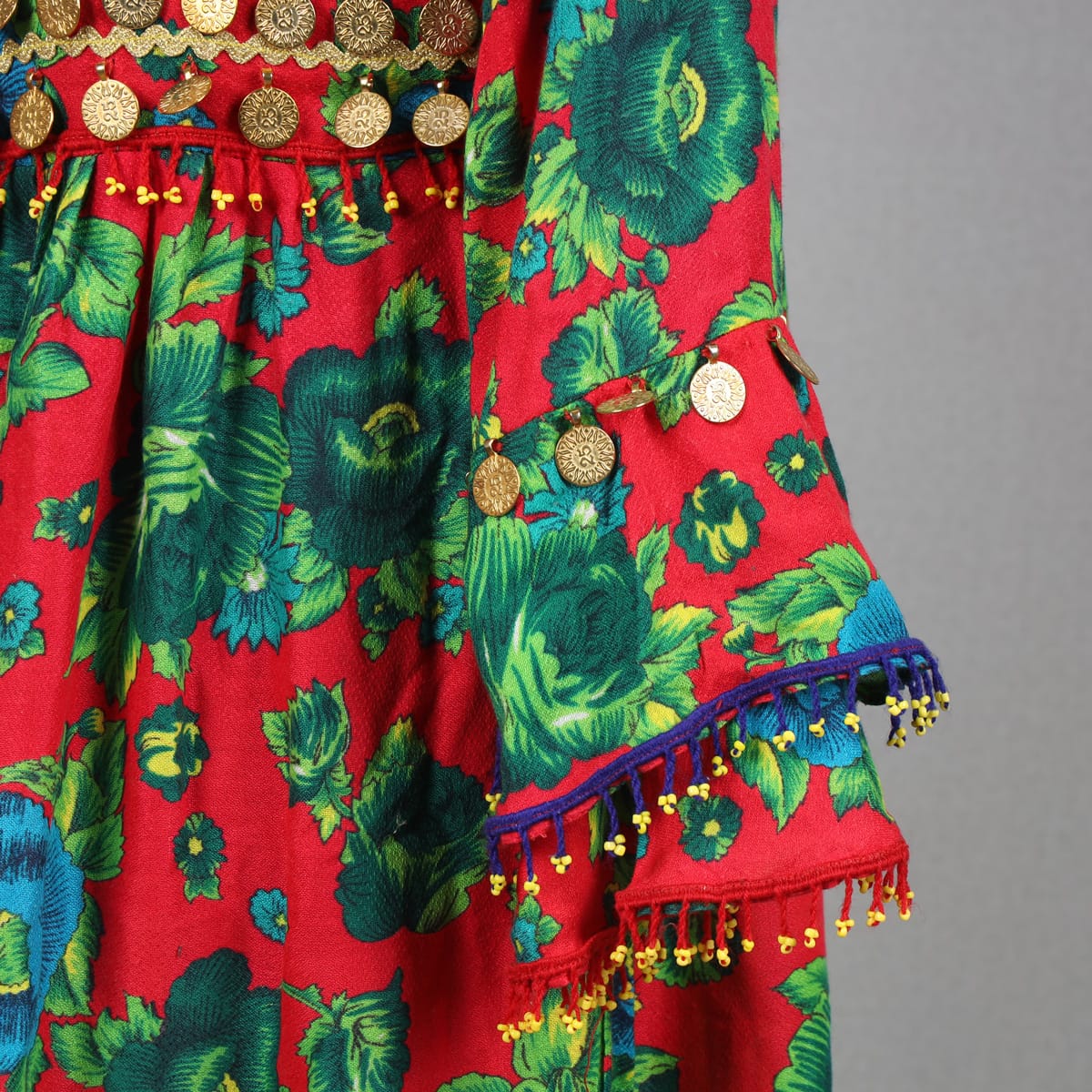 Afghan-Inspired Red Floral Dress with Embroidered Bodice
