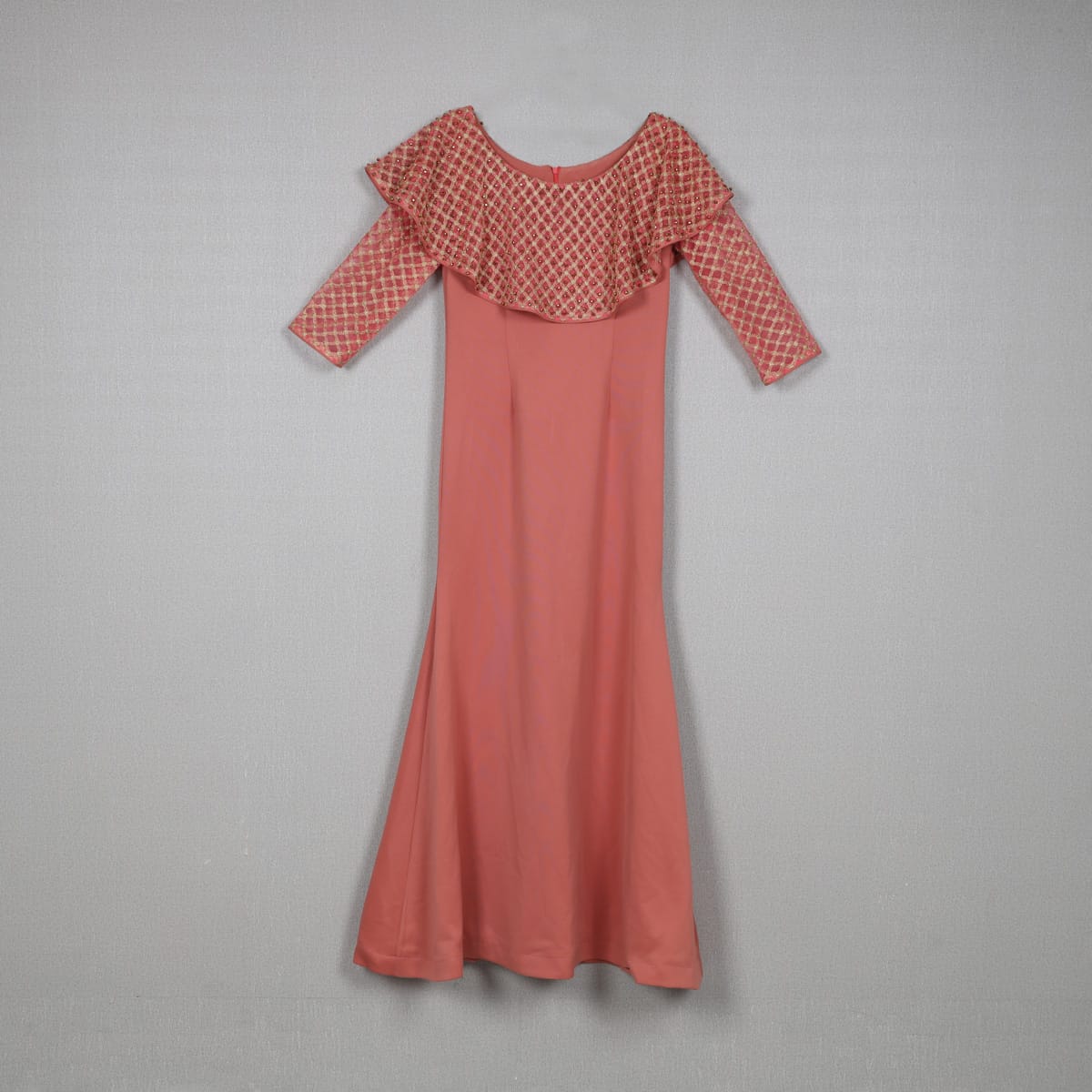 Coral Pink Flared Dress with Embroidered Ruffle Neckline