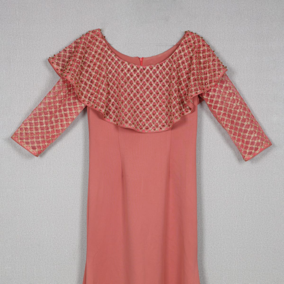 Coral Pink Flared Dress with Embroidered Ruffle Neckline