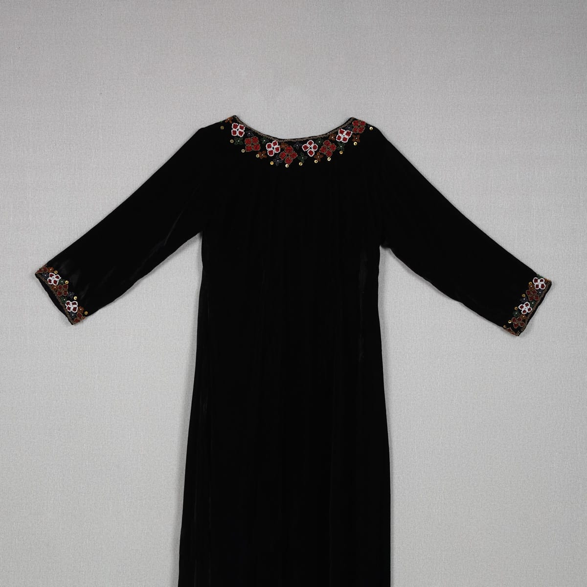 Classic Black Velvet Dress with Floral Embroidered Neckline