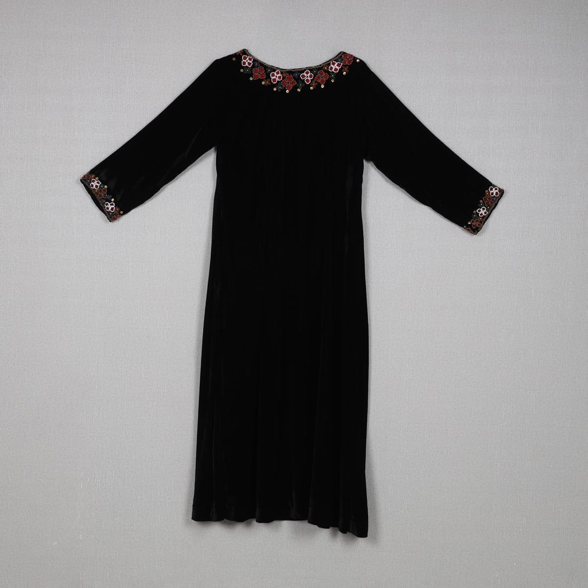 Classic Black Velvet Dress with Floral Embroidered Neckline