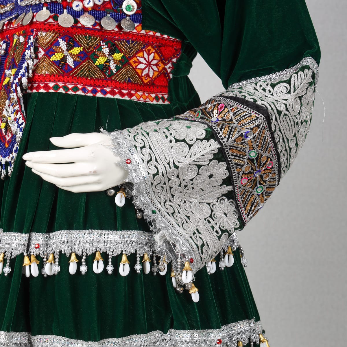 Traditional Green Afghan Dress – Velvet with Silver Embroidery & Beaded Detailing