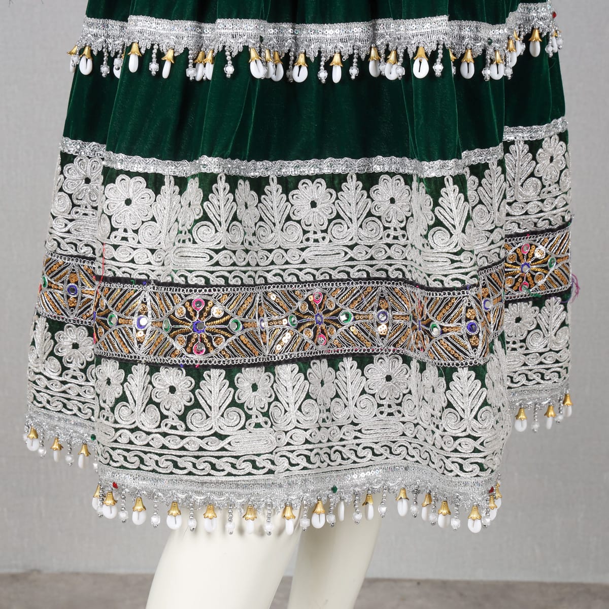 Traditional Green Afghan Dress – Velvet with Silver Embroidery & Beaded Detailing