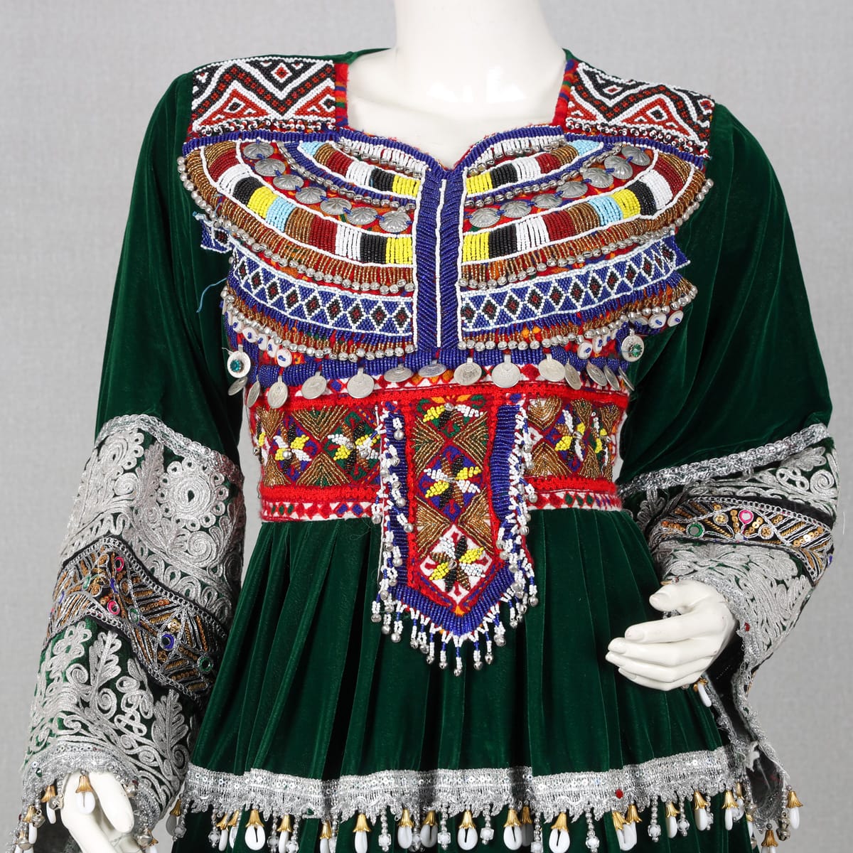 Traditional Green Afghan Dress – Velvet with Silver Embroidery & Beaded Detailing