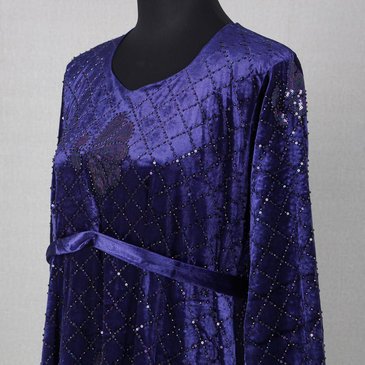 Deep Purple Velvet Maxi Dress – Elegant Long Sleeve with Glitter Detail