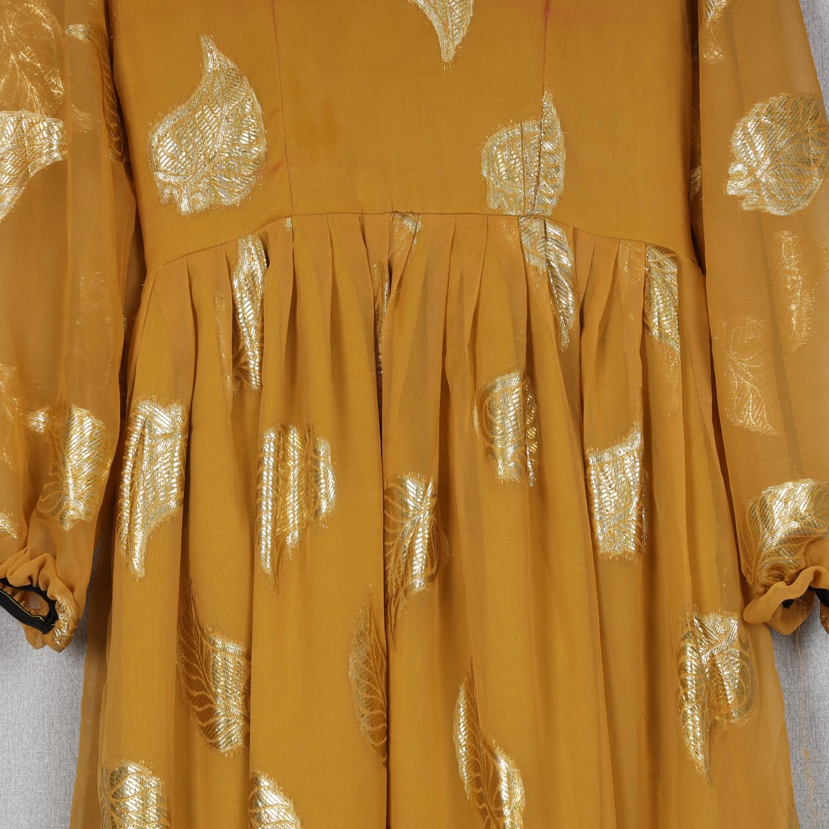 Mustard Yellow Maxi Dress with Golden Leaf Print - Cloth Sizes Women: Large