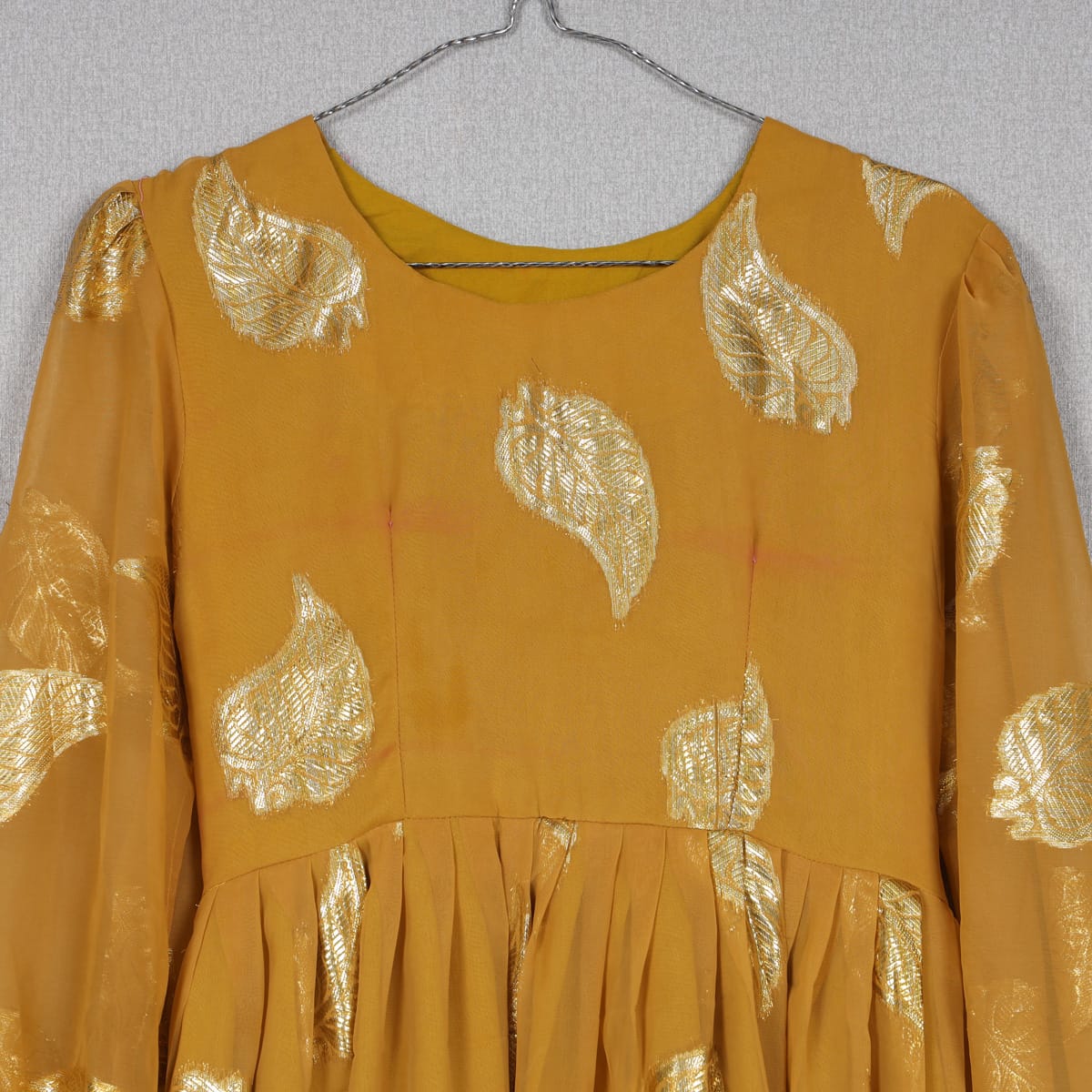 Mustard Yellow Maxi Dress with Golden Leaf Print