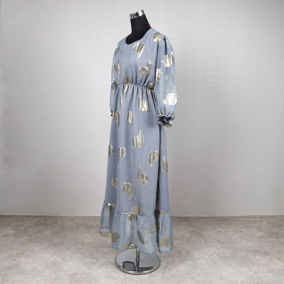 Light Grey Maxi Dress with Golden Foil Leaf Print