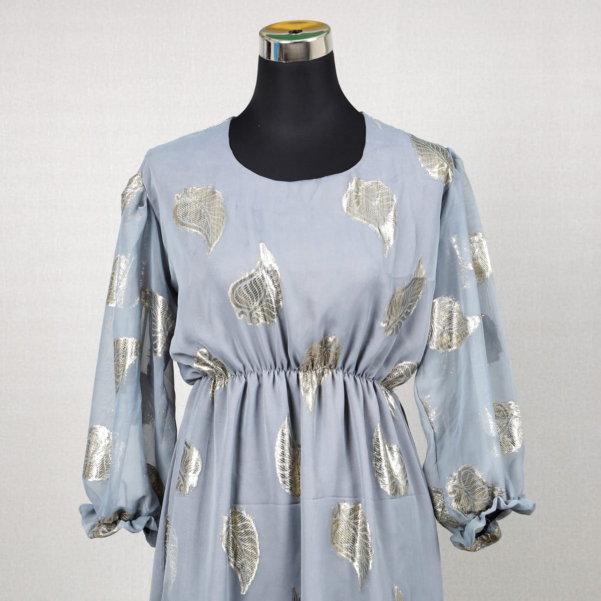 Light Grey Maxi Dress with Golden Foil Leaf Print