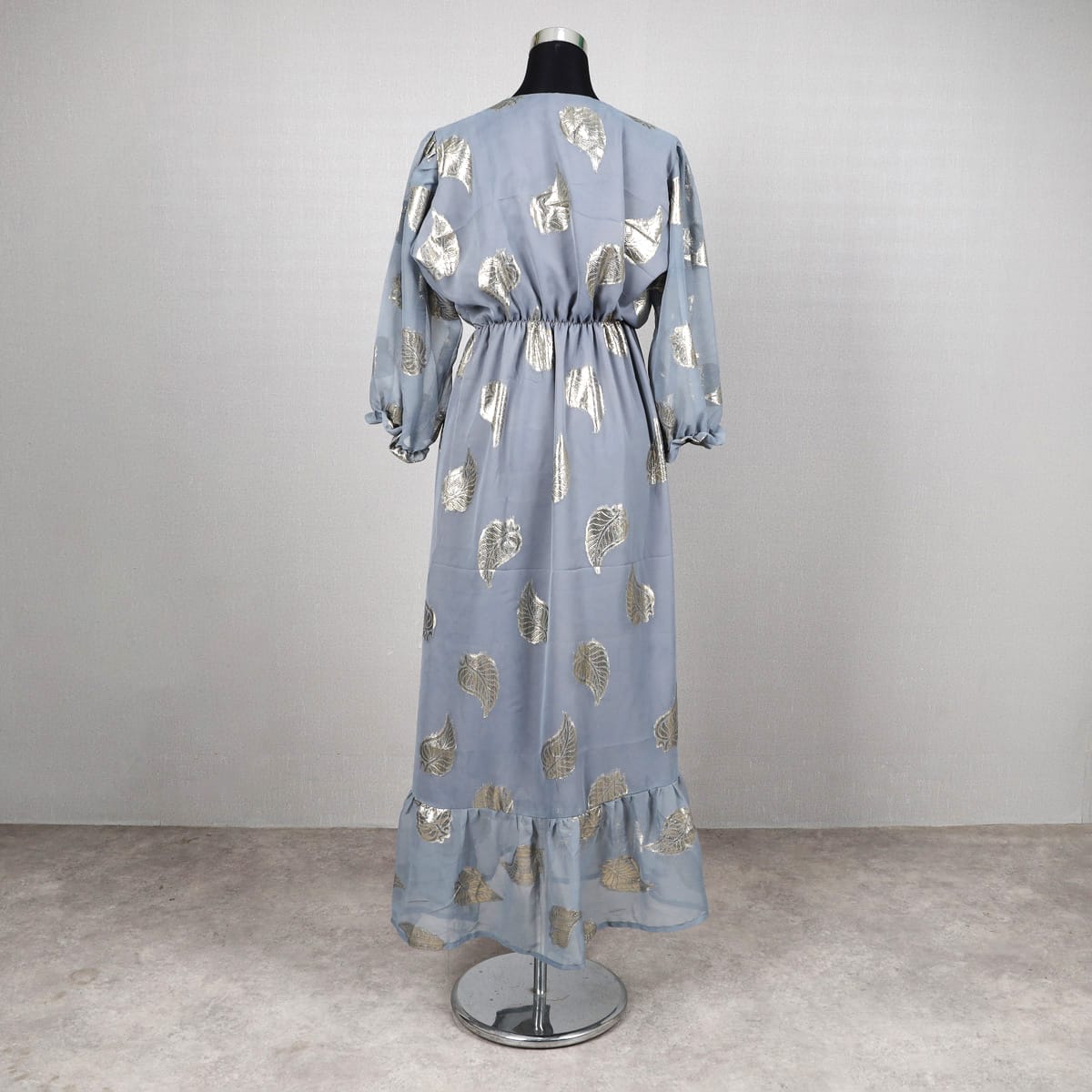 Light Grey Maxi Dress with Golden Foil Leaf Print
