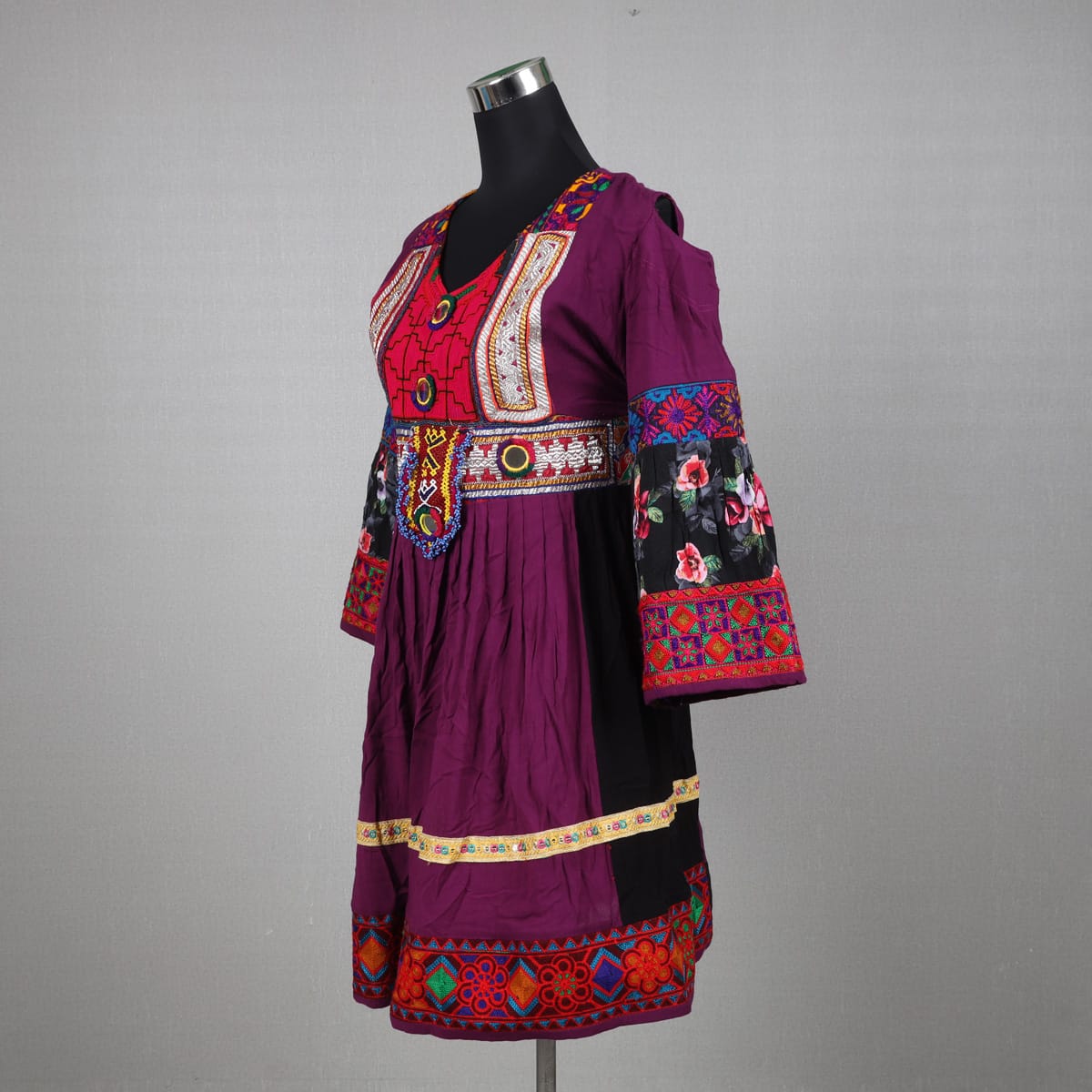 Traditional Purple Afghan Dress with Multicolor Embroidery