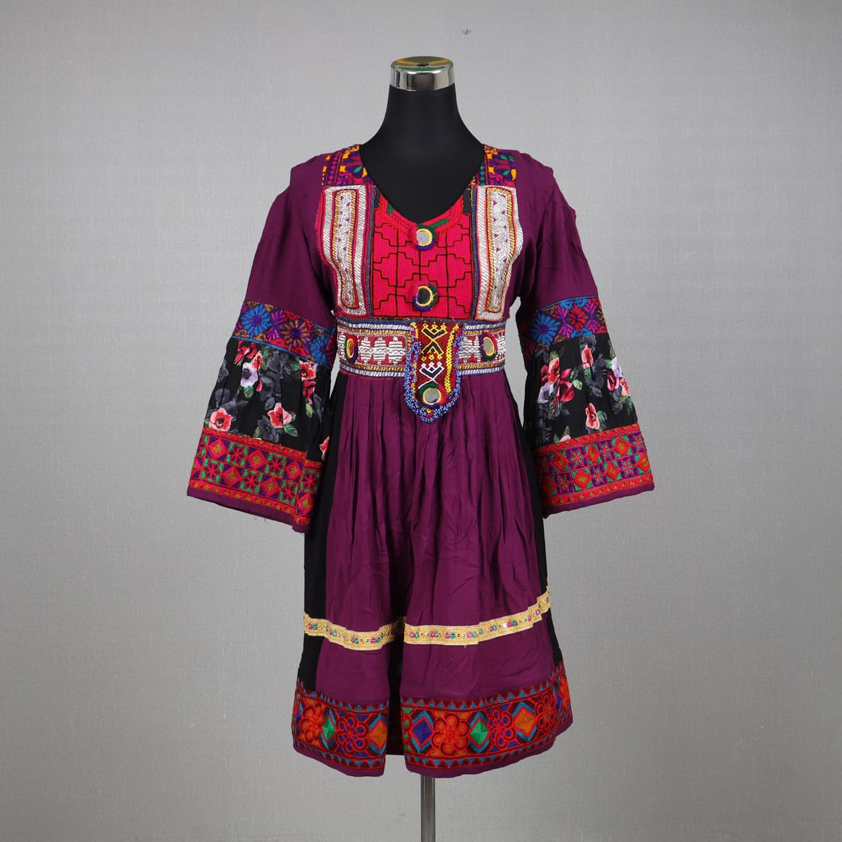 Traditional Purple Afghan Dress with Multicolor Embroidery