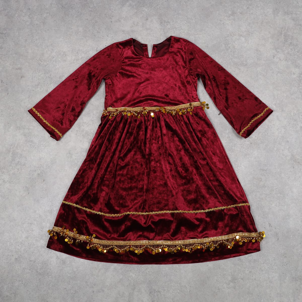 Maroon Velvet Traditional Dress with Gold Trim & Coins