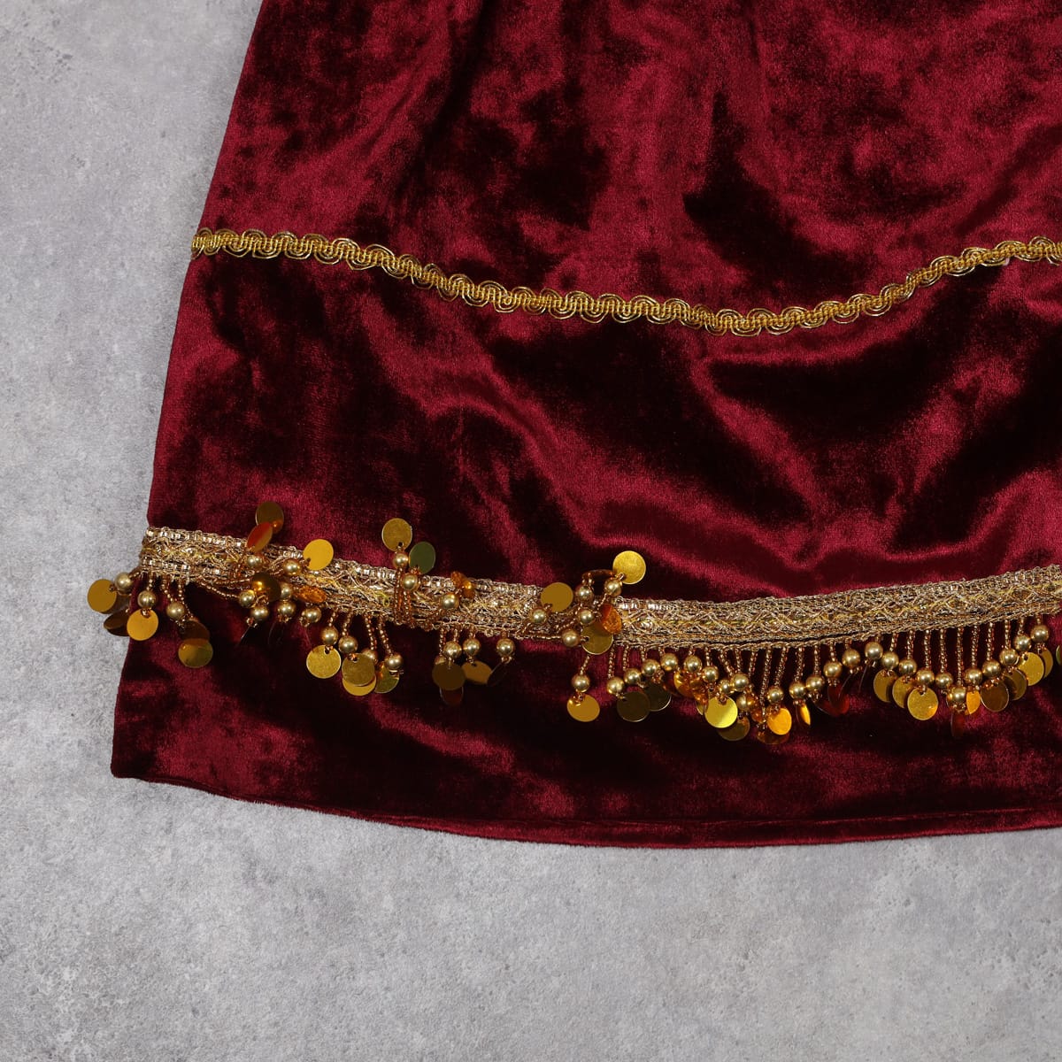 Maroon Velvet Traditional Dress with Gold Trim & Coins
